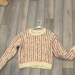 En Creme Cream Fuzzy Crewneck Sweater with Multicolor Check